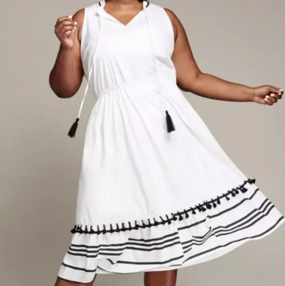 Sleeveless White Midi Dress with Black Trim
